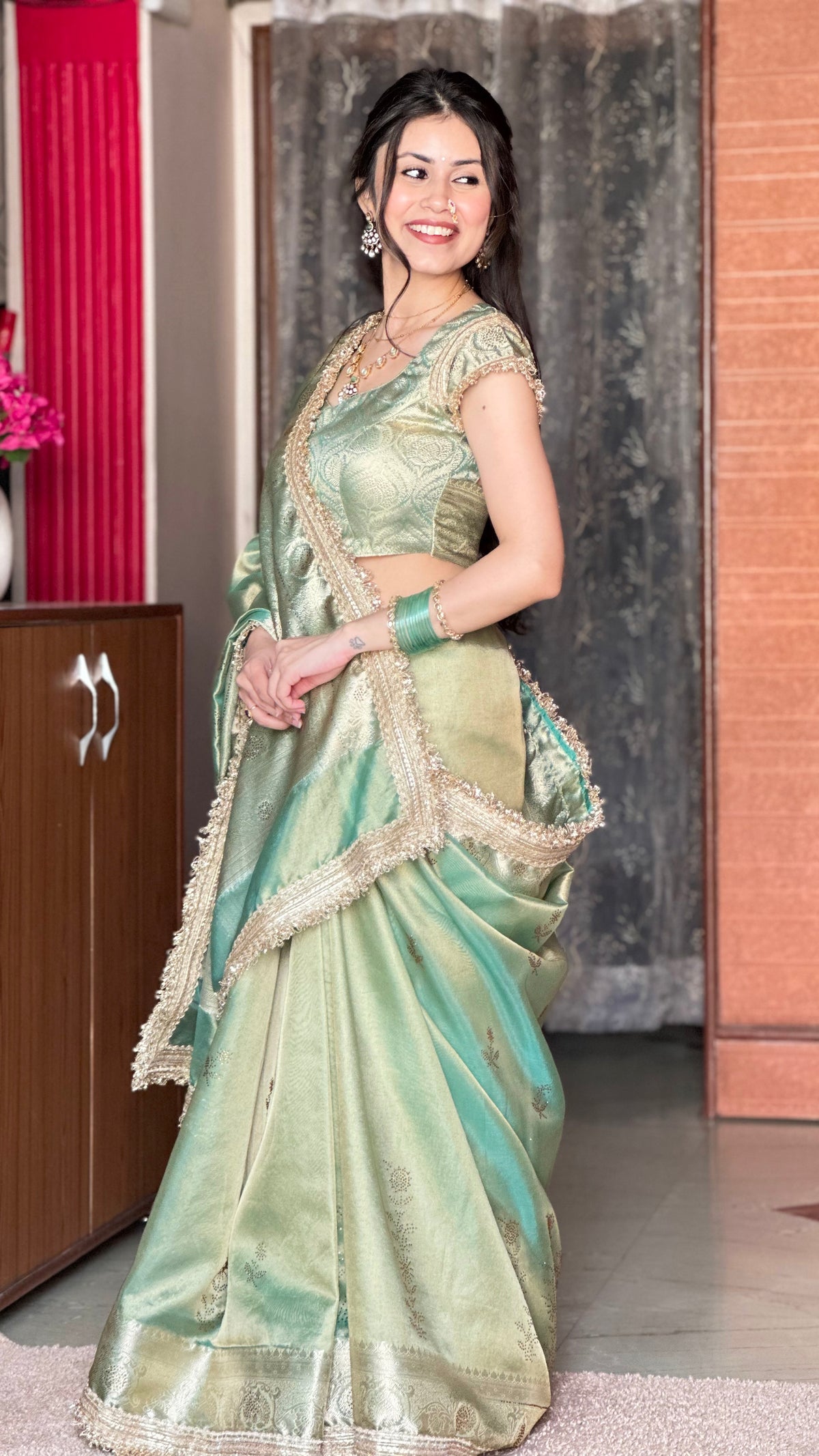 Sea Green Ranibagh Swarovski Work Banarasi Tissue Silk Saree