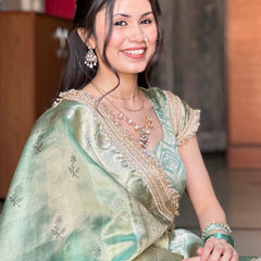 Sea Green Ranibagh Swarovski Work Banarasi Tissue Silk Saree