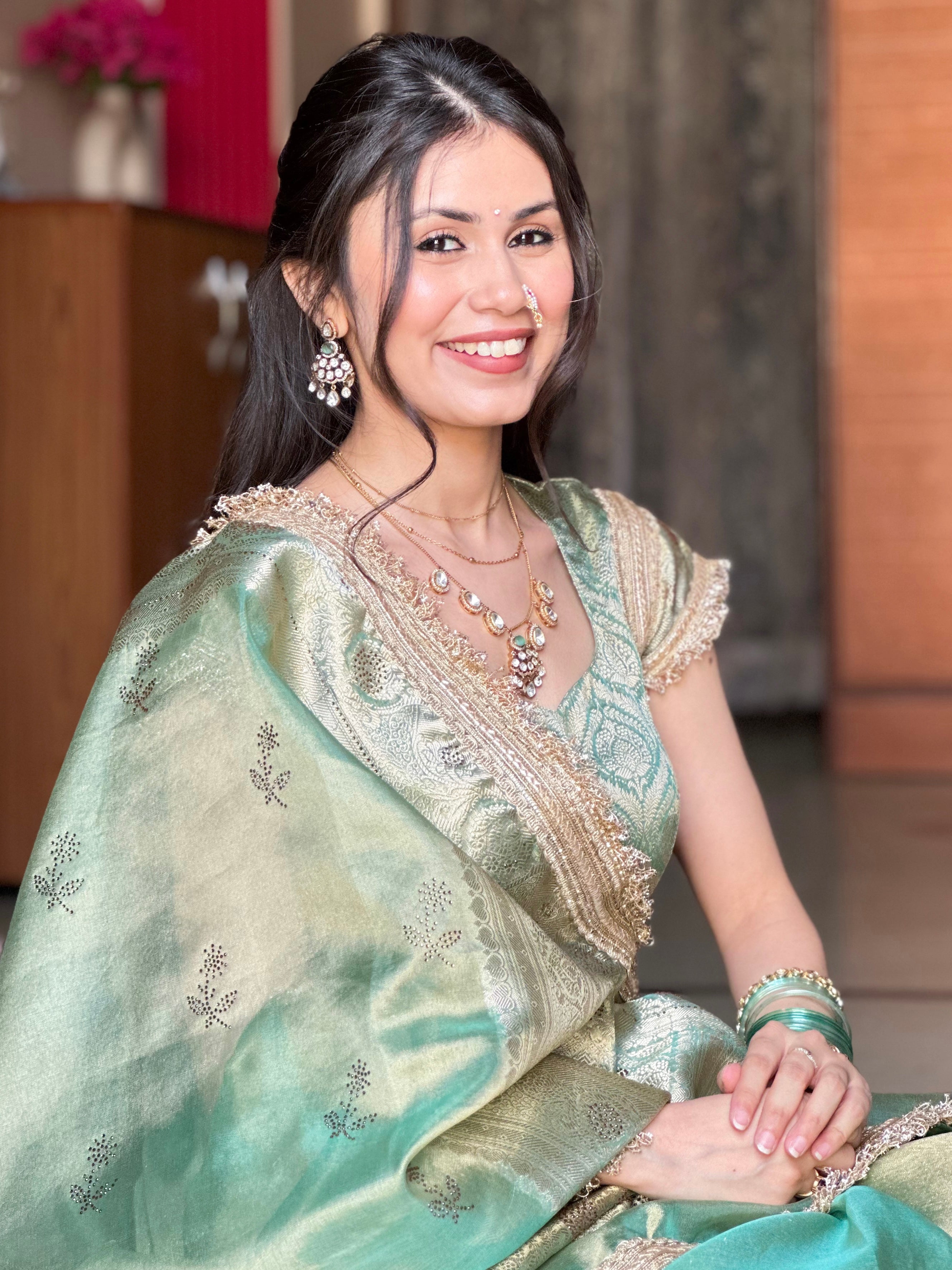 Sea Green Ranibagh Swarovski Work Banarasi Tissue Silk Saree