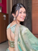Sea Green Ranibagh Swarovski Work Banarasi Tissue Silk Saree