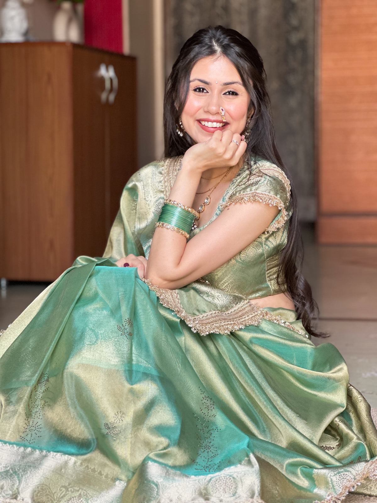 Sea Green Ranibagh Swarovski Work Banarasi Tissue Silk Saree
