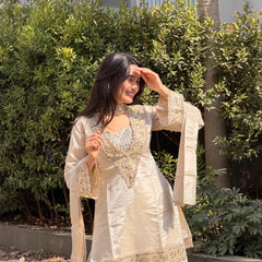 Afsara Ivory Mirror Work Tissue Sharara Suit Set