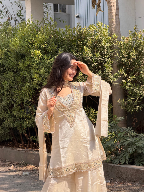 Afsara Ivory Mirror Work Tissue Sharara Suit Set