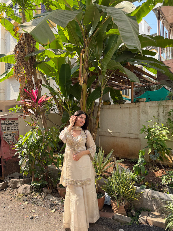 Afsara Ivory Mirror Work Tissue Sharara Suit Set