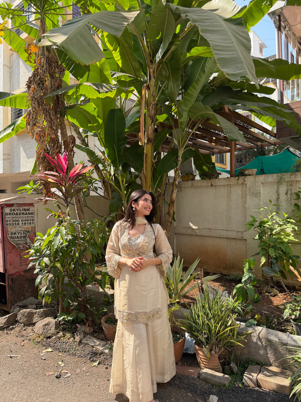 Afsara Ivory Mirror Work Tissue Sharara Suit Set