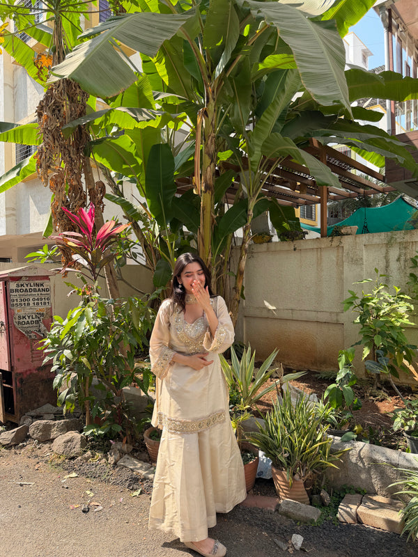 Afsara Ivory Mirror Work Tissue Sharara Suit Set