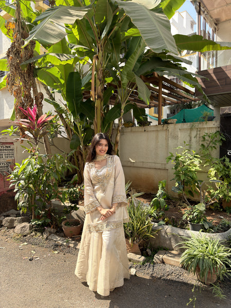 Afsara Ivory Mirror Work Tissue Sharara Suit Set