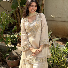 Afsara Ivory Mirror Work Tissue Sharara Suit Set