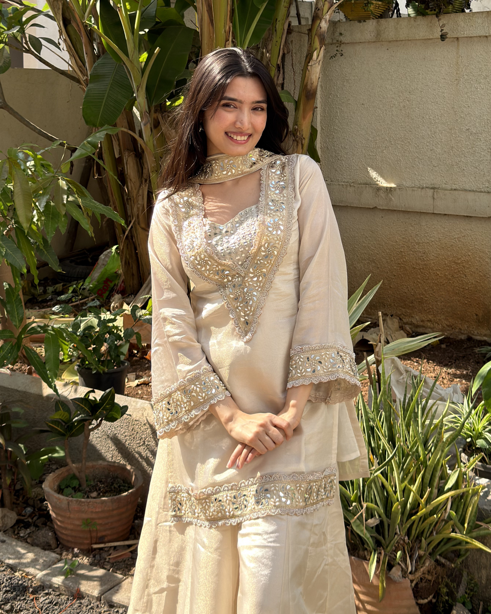 Afsara Ivory Mirror Work Tissue Sharara Suit Set