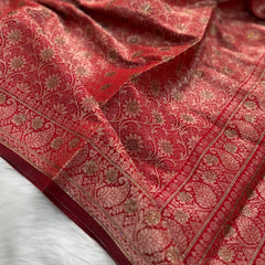 Crimson Red Banarasi Soft Silk Saree with Swarovski Work