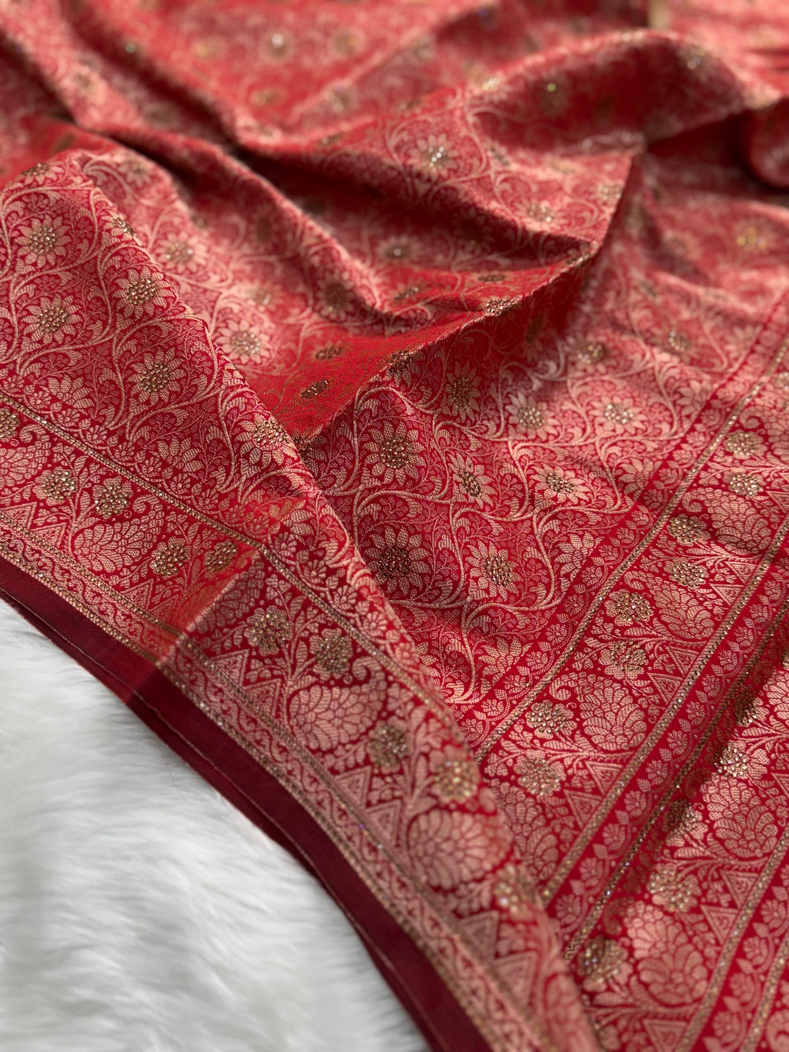 Crimson Red Banarasi Soft Silk Saree with Swarovski Work