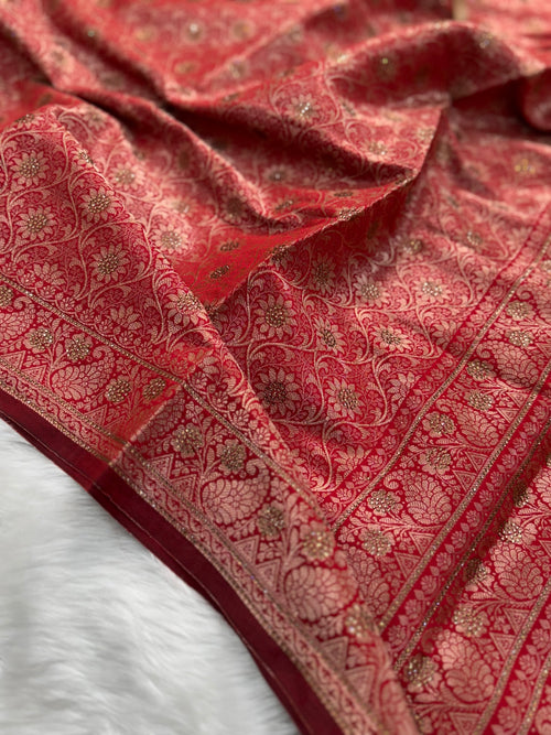 Crimson Red Banarasi Soft Silk Saree with Swarovski Work