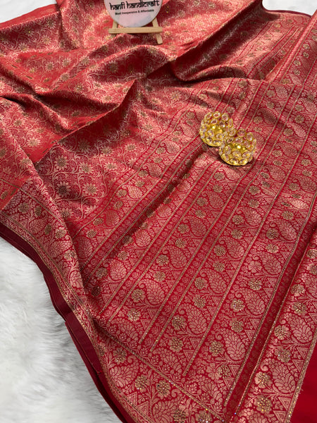 Crimson Red Banarasi Soft Silk Saree with Swarovski Work