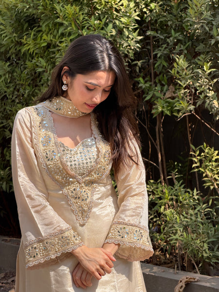 Afsara Ivory Mirror Work Tissue Sharara Suit Set