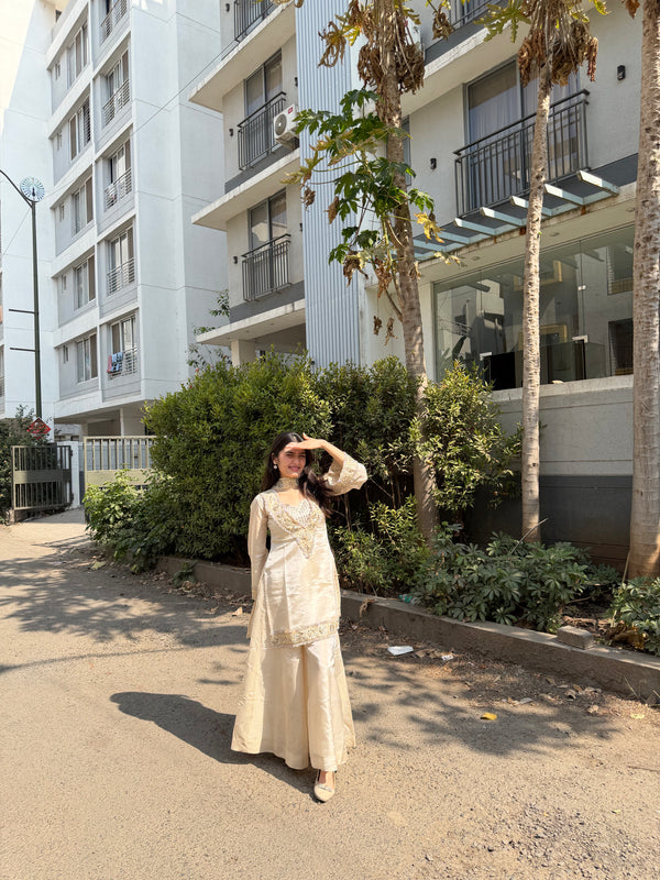 Afsara Ivory Mirror Work Tissue Sharara Suit Set