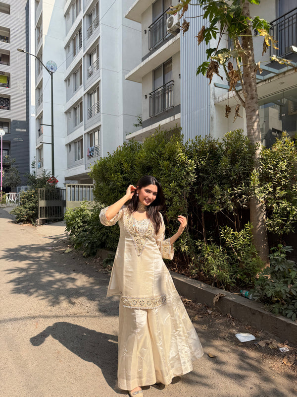 Afsara Ivory Mirror Work Tissue Sharara Suit Set