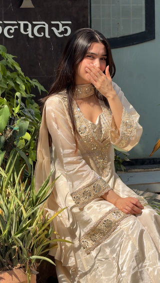 Afsara Ivory Mirror Work Tissue Sharara Suit Set