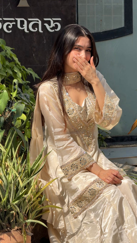 Afsara Ivory Mirror Work Tissue Sharara Suit Set