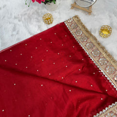 Blood Red Noor-e-Zar Pearl Motif Handwork Saree with Mirror work Borders