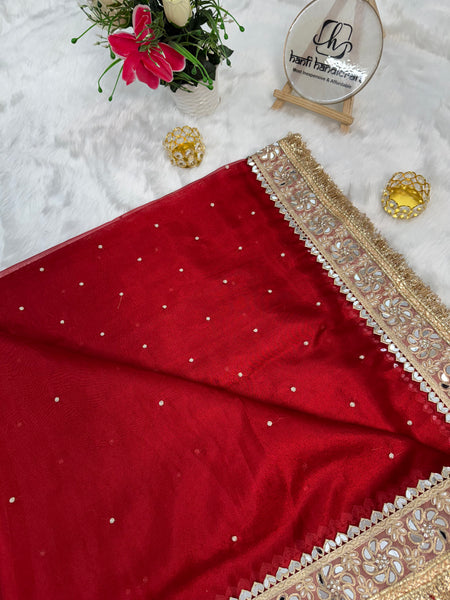 Blood Red Noor-e-Zar Pearl Motif Handwork Saree with Mirror work Borders