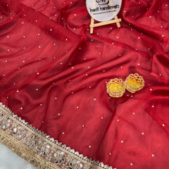 Blood Red Noor-e-Zar Pearl Motif Handwork Saree with Mirror work Borders