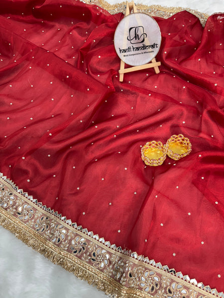Blood Red Noor-e-Zar Pearl Motif Handwork Saree with Mirror work Borders