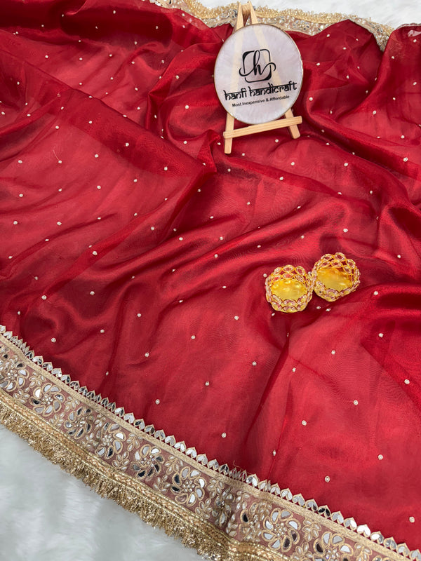Blood Red Noor-e-Zar Pearl Motif Handwork Saree with Mirror work Borders