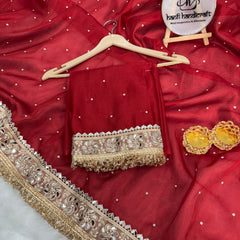 Blood Red Noor-e-Zar Pearl Motif Handwork Saree with Mirror work Borders