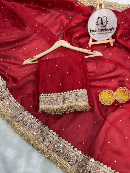 Blood Red Noor-e-Zar Pearl Motif Handwork Saree with Mirror work Borders