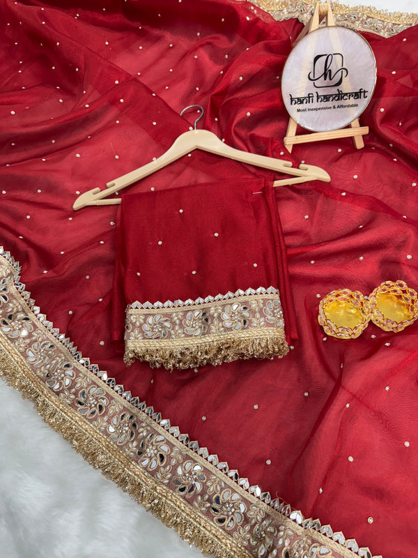 Blood Red Noor-e-Zar Pearl Motif Handwork Saree with Mirror work Borders