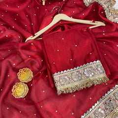 Blood Red Noor-e-Zar Pearl Motif Handwork Saree with Mirror work Borders