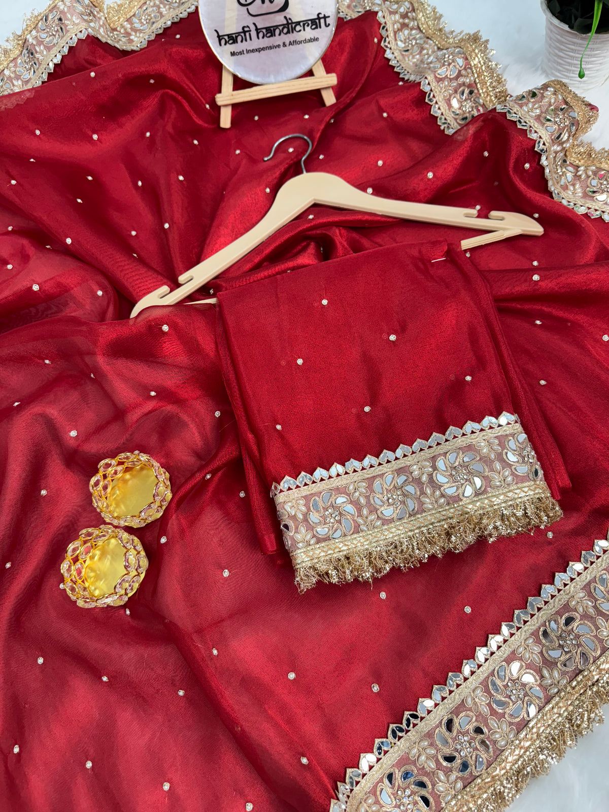 Blood Red Noor-e-Zar Pearl Motif Handwork Saree with Mirror work Borders