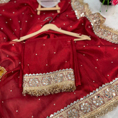 Blood Red Noor-e-Zar Pearl Motif Handwork Saree with Mirror work Borders
