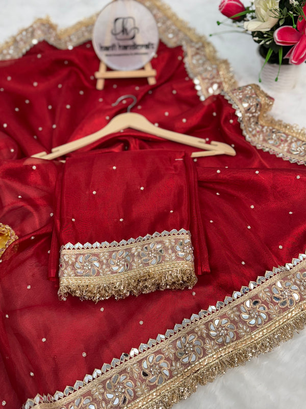 Blood Red Noor-e-Zar Pearl Motif Handwork Saree with Mirror work Borders
