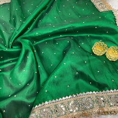 Emerald Green Noor-e-Zar Pearl Motif Handwork Saree with Mirror work Borders