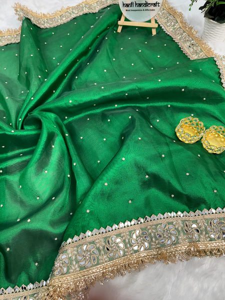 Emerald Green Noor-e-Zar Pearl Motif Handwork Saree with Mirror work Borders