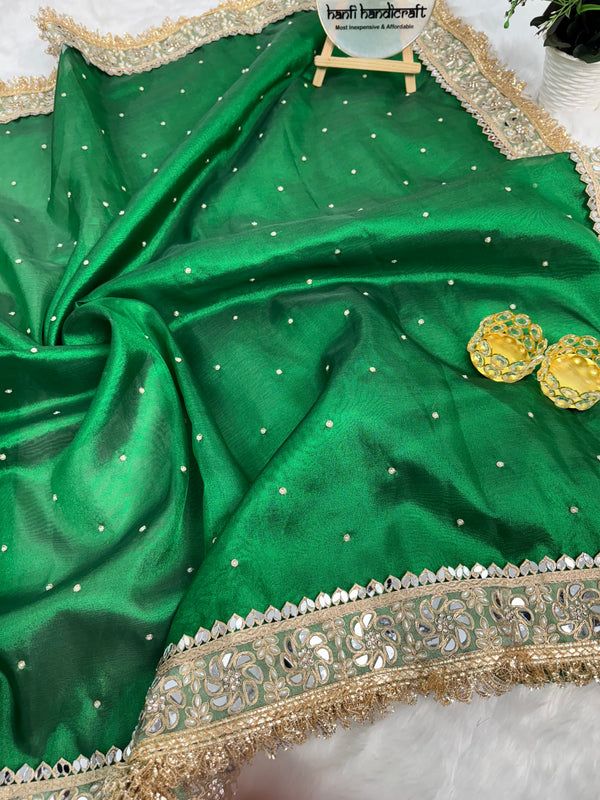 Emerald Green Noor-e-Zar Pearl Motif Handwork Saree with Mirror work Borders