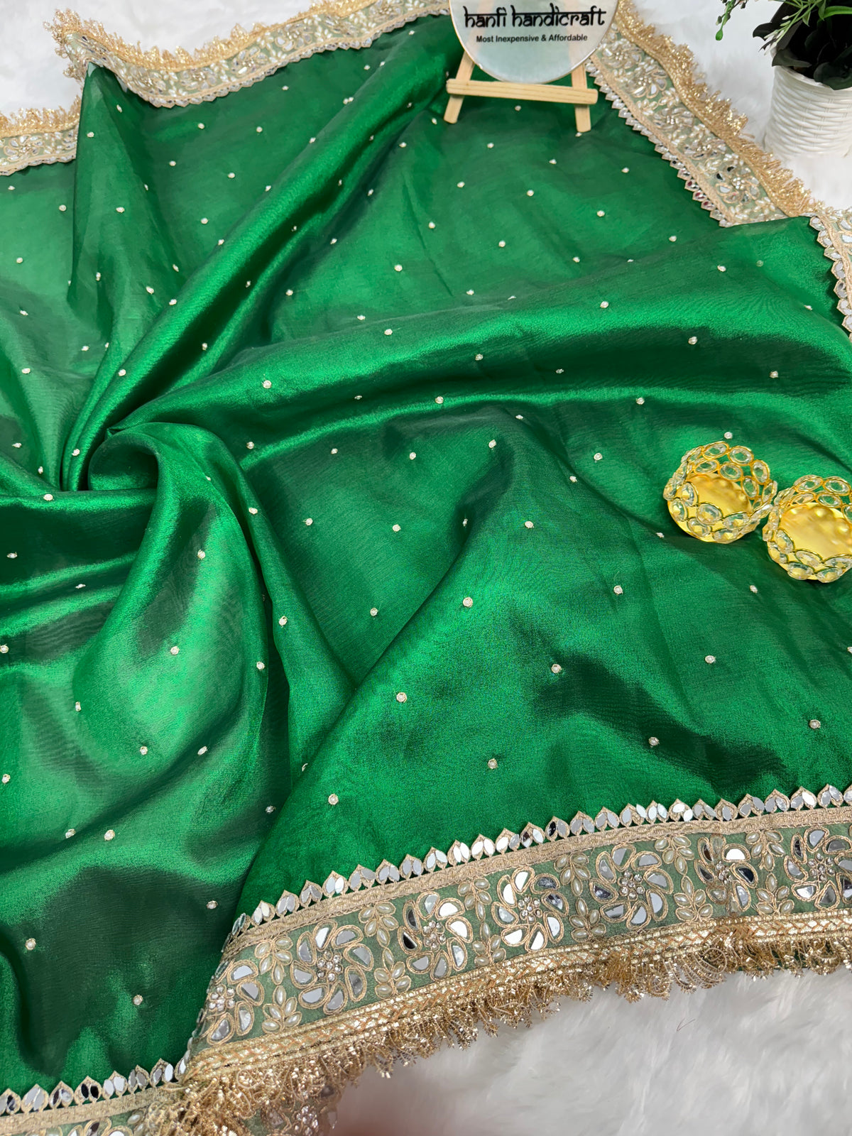 Emerald Green Noor-e-Zar Pearl Motif Handwork Saree with Mirror work Borders