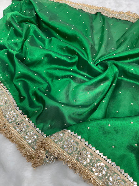 Emerald Green Noor-e-Zar Pearl Motif Handwork Saree with Mirror work Borders