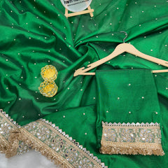 Emerald Green Noor-e-Zar Pearl Motif Handwork Saree with Mirror work Borders