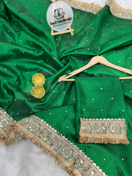 Emerald Green Noor-e-Zar Pearl Motif Handwork Saree with Mirror work Borders