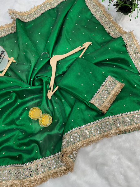 Emerald Green Noor-e-Zar Pearl Motif Handwork Saree with Mirror work Borders