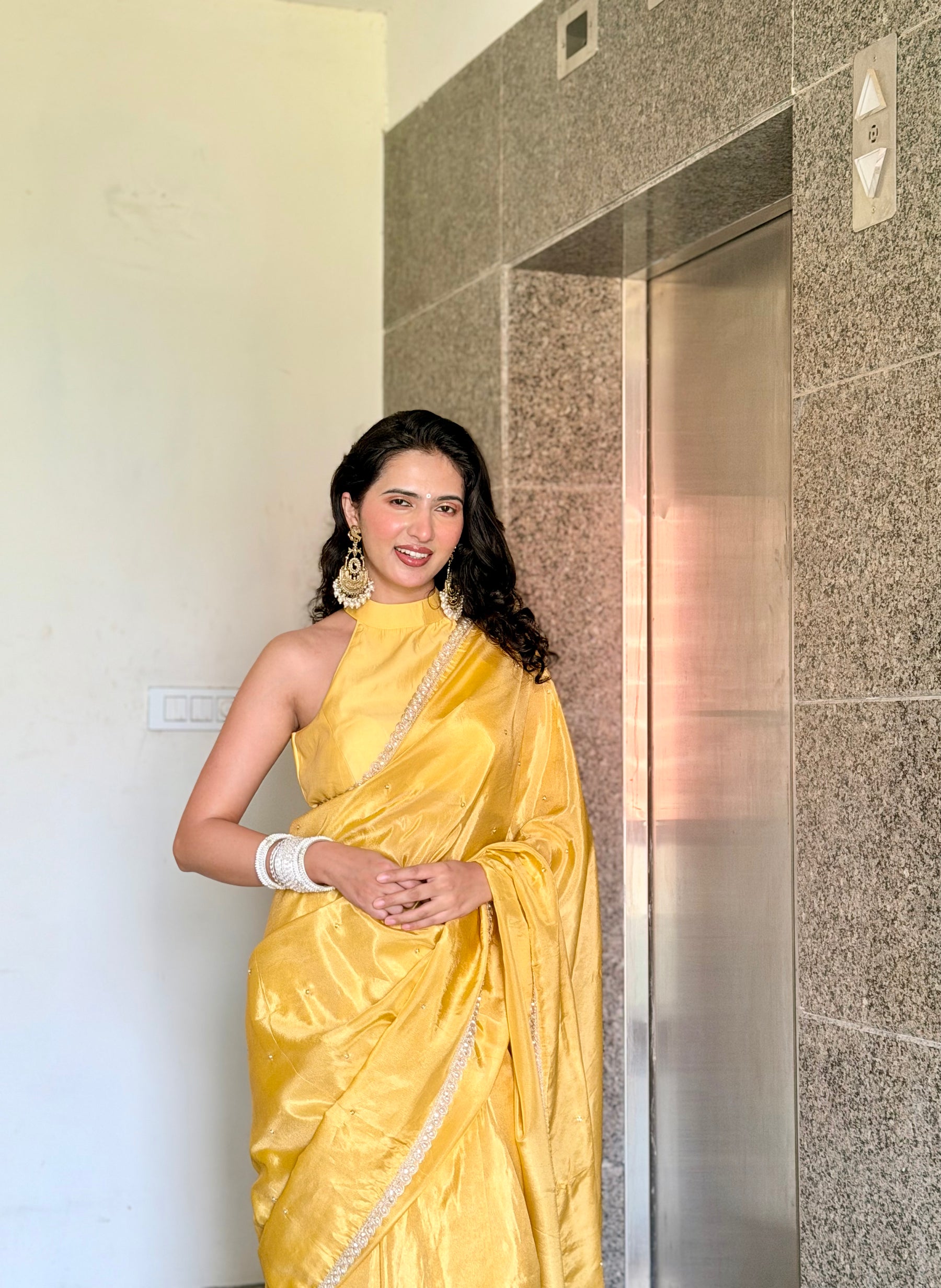 Yellow Abroo Shimmery Tissue Handwork Saree | Pearl Zardozi Pallu