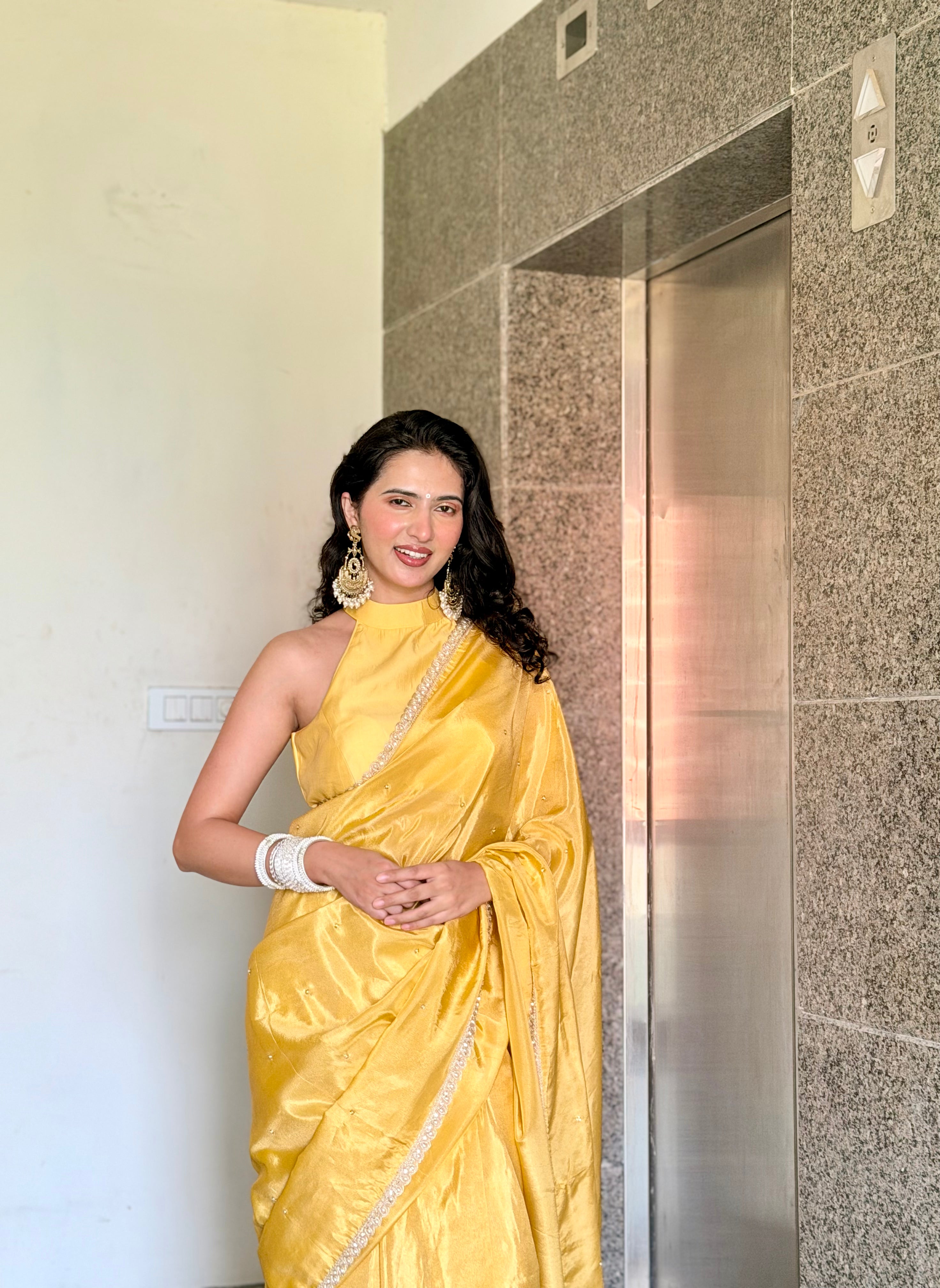 Yellow Abroo Shimmery Tissue Handwork Saree | Pearl Zardozi Pallu
