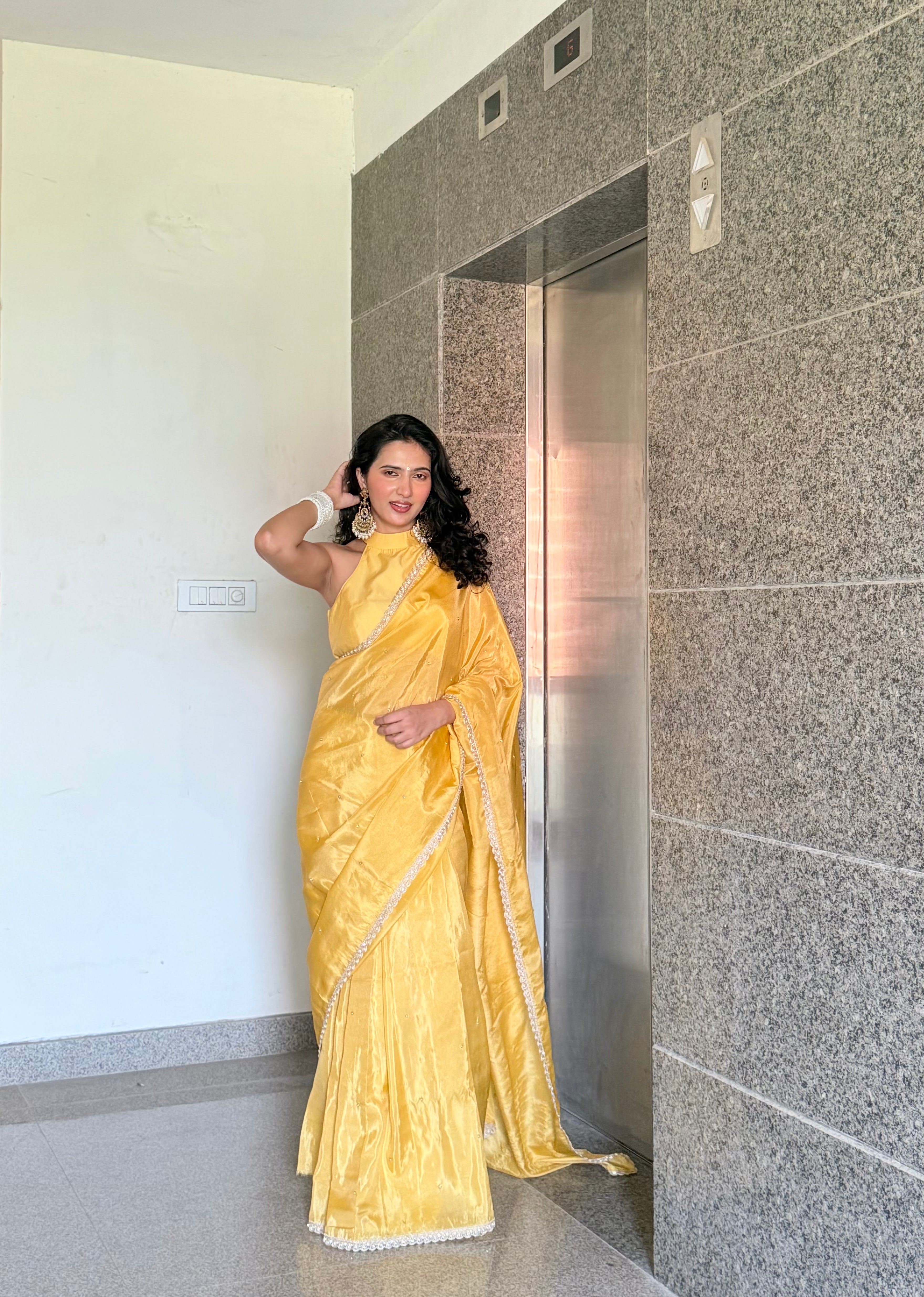Yellow Abroo Shimmery Tissue Handwork Saree | Pearl Zardozi Pallu