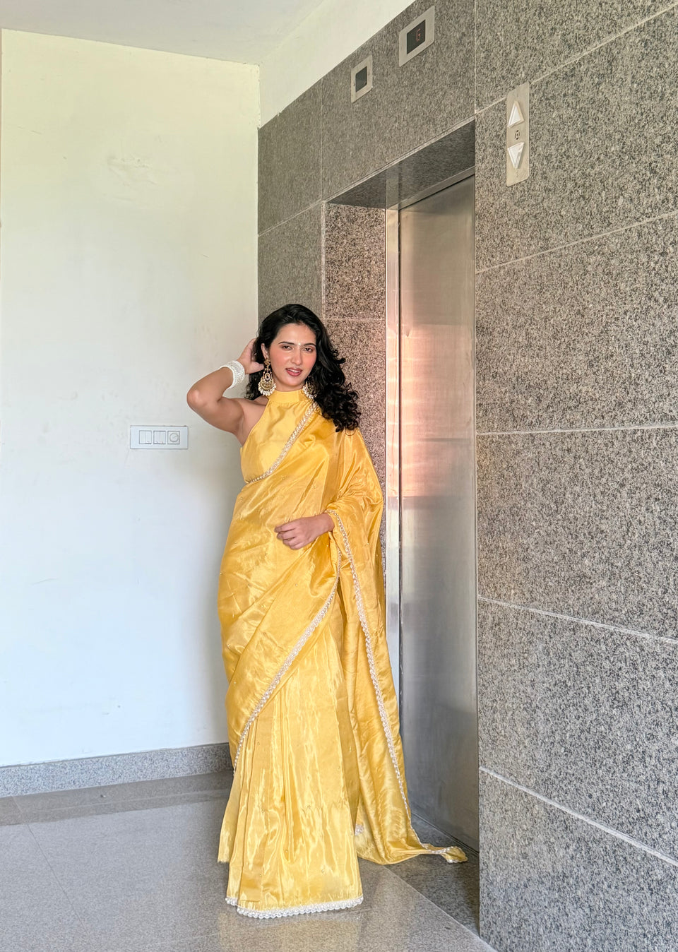 Yellow Abroo Shimmery Tissue Handwork Saree | Pearl Zardozi Pallu