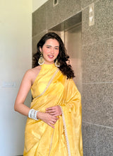 Yellow Abroo Shimmery Tissue Handwork Saree | Pearl Zardozi Pallu