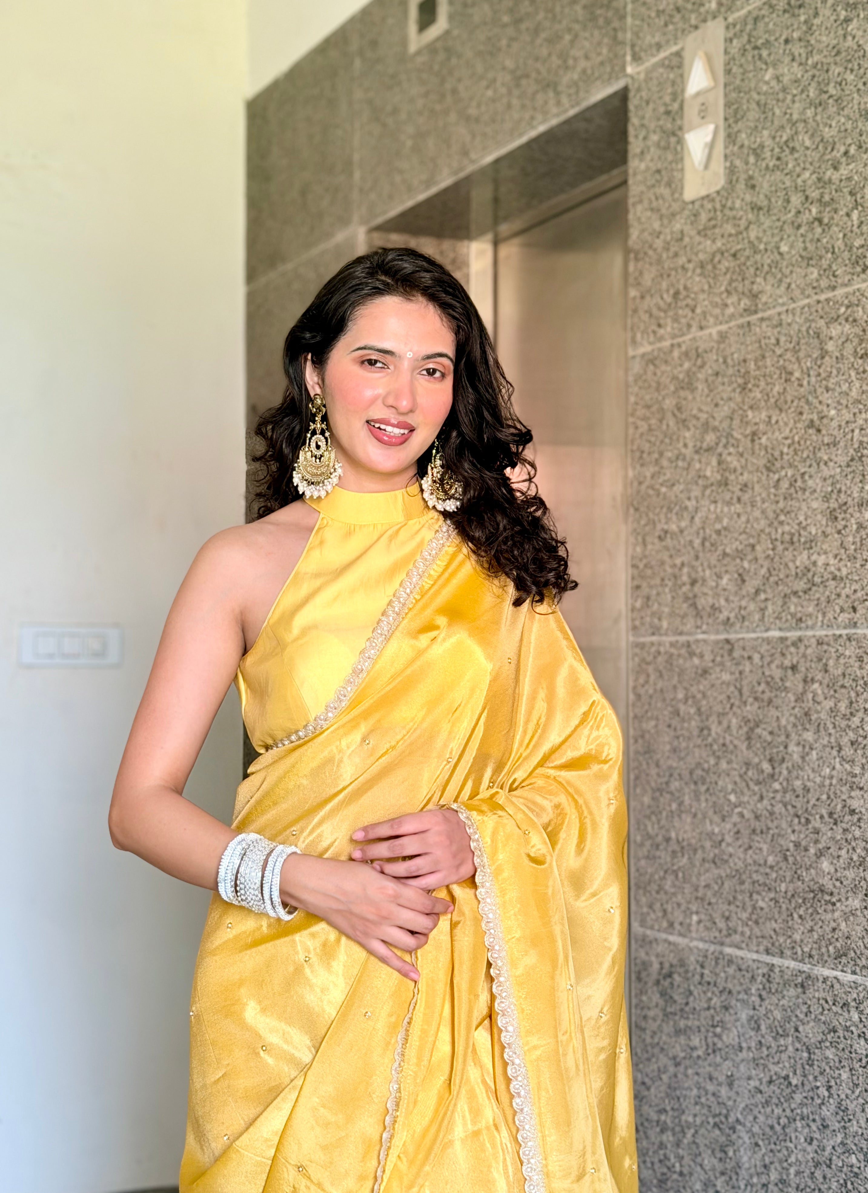 Yellow Abroo Shimmery Tissue Handwork Saree | Pearl Zardozi Pallu