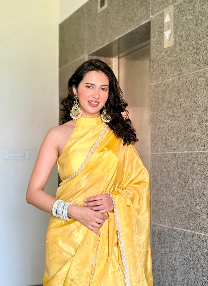 Yellow Abroo Shimmery Tissue Handwork Saree | Pearl Zardozi Pallu