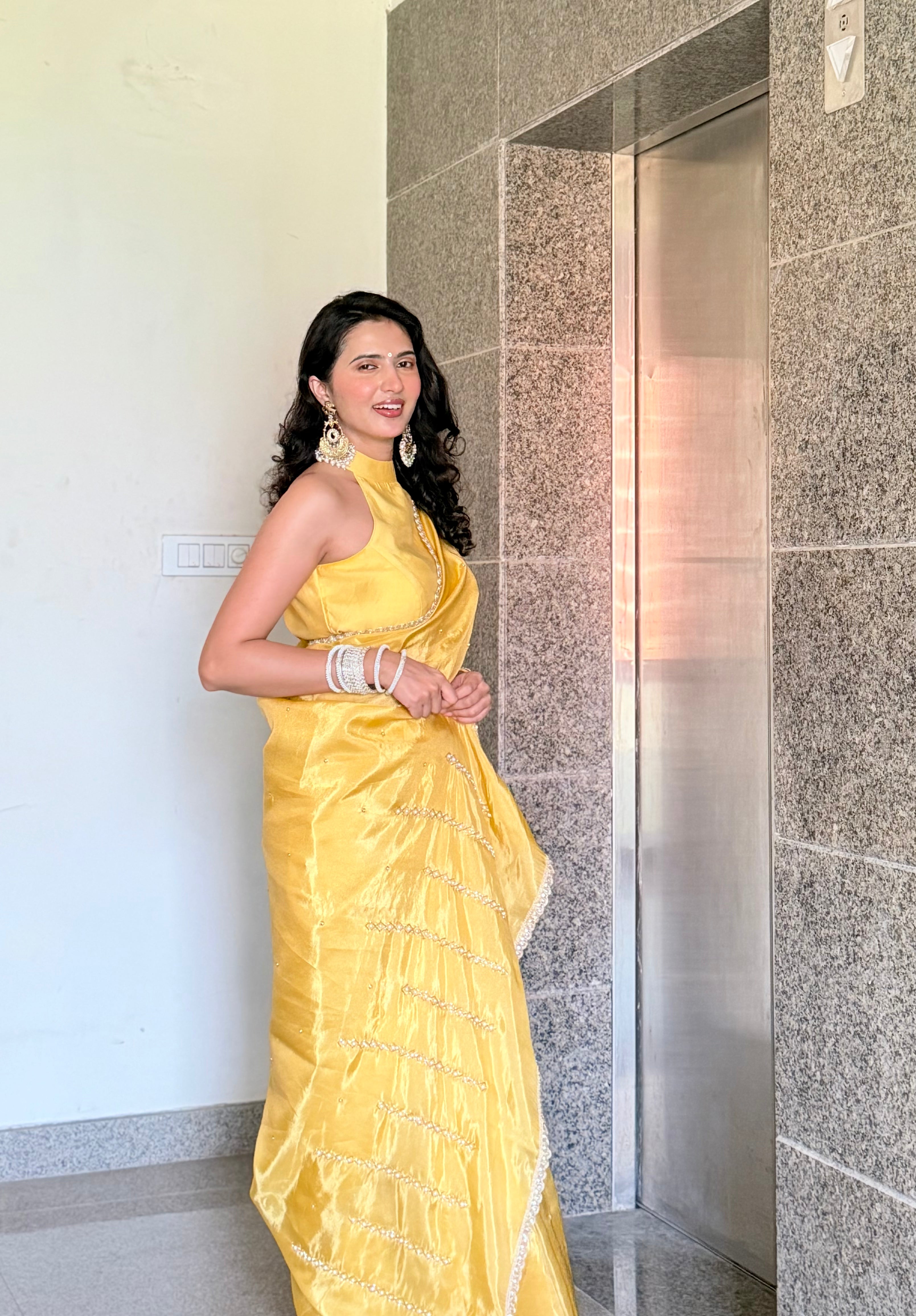 Yellow Abroo Shimmery Tissue Handwork Saree | Pearl Zardozi Pallu